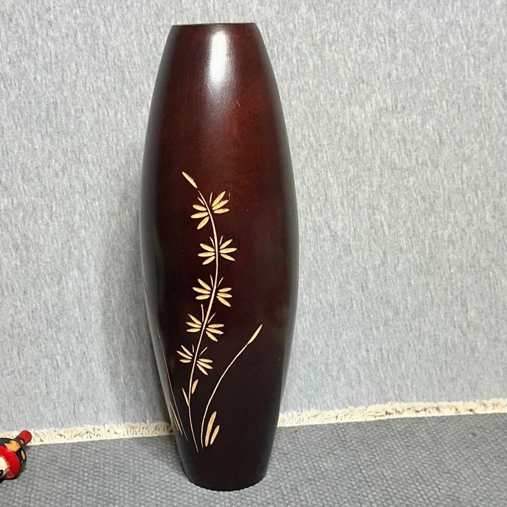 Vintage Hand Carved Wood Vase Dark Mahogany Floral Wheat Etched Boho Decor 12in